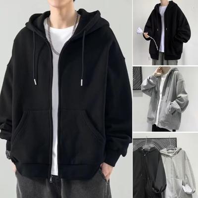 Men Fall Winter Hoodie Drawstring Loose Zip-up Long Sleeves Pockets Hooded Plus Size Cardigan Thin Pure Color Daily Wear Casual Coat