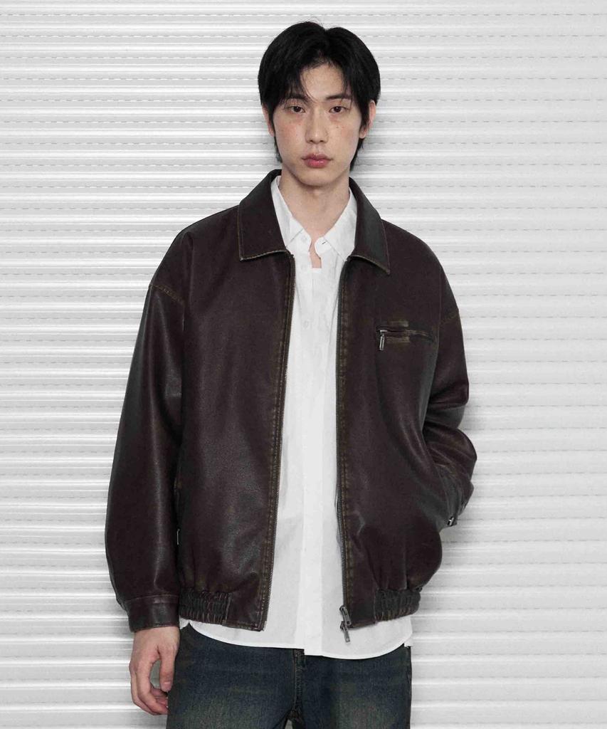 Leathery Washed Leather Oversized Blouson Jacket [Washed Black]
