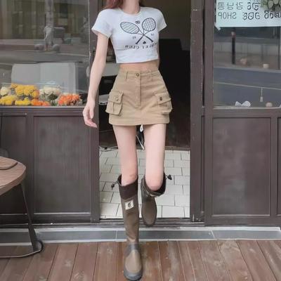 Khaki High Waist A-Line Denim Skirt for Women - American Retro Style, Anti-Exposure Hip Design for Trendy Girls