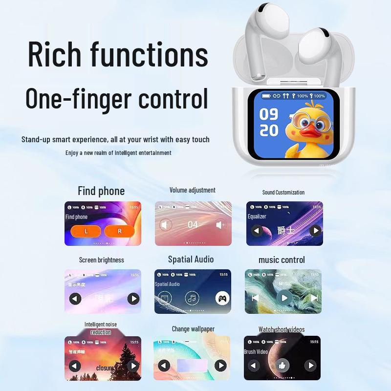 Multilingual AI Bluetooth Earphones with Full-Color Screen and Noise Reduction for Real-Time In-Ear Translation.
