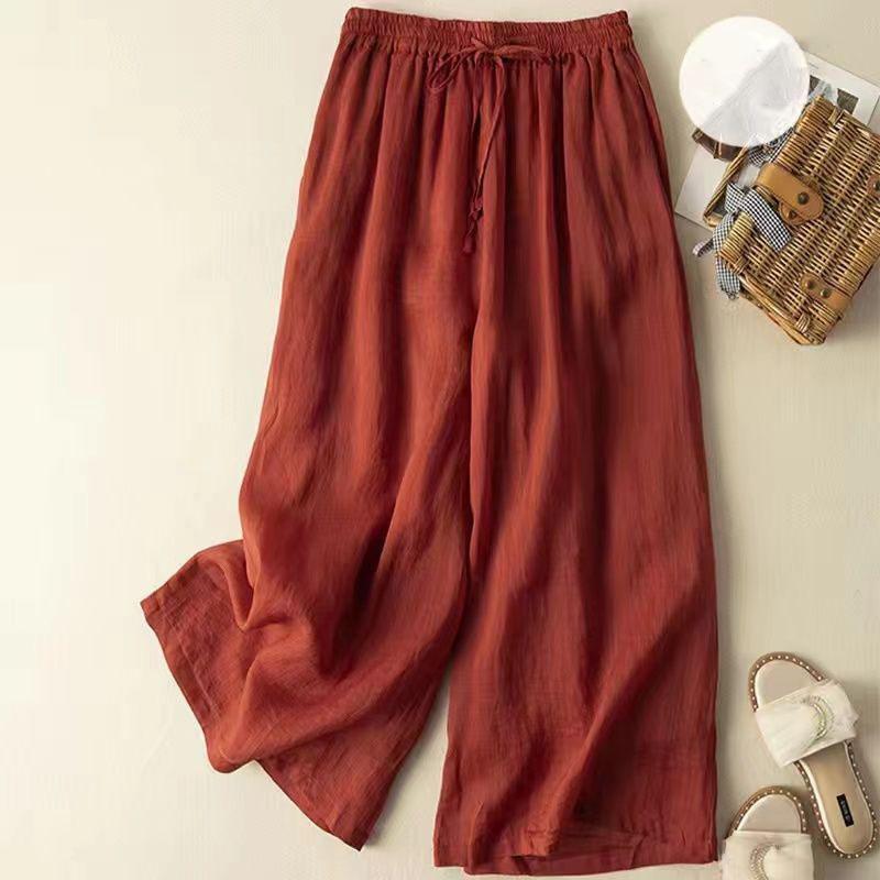 Purple Linen Casual Elastic High Waist Loose Women's Pants Korean Fashion Wide Leg Ankle-Length Pants for Women