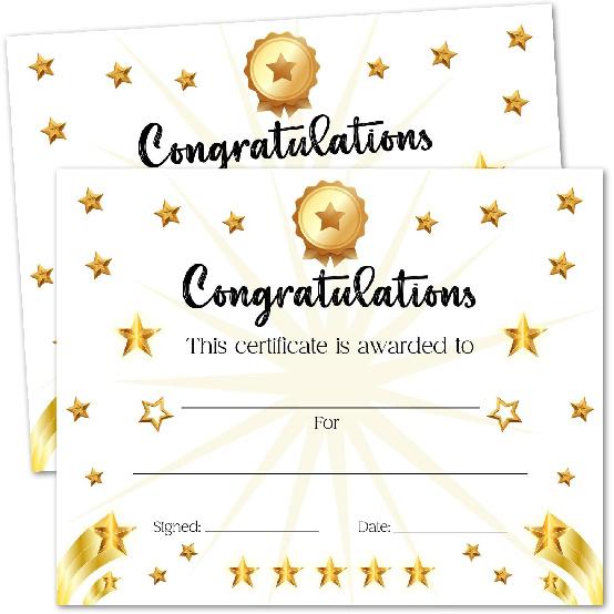 25 Gold Star Certificate of Achievement, Certificate of Achievement Recognition for Kindergarten Preschool Graduation, 8 x 10  Award Certificates
