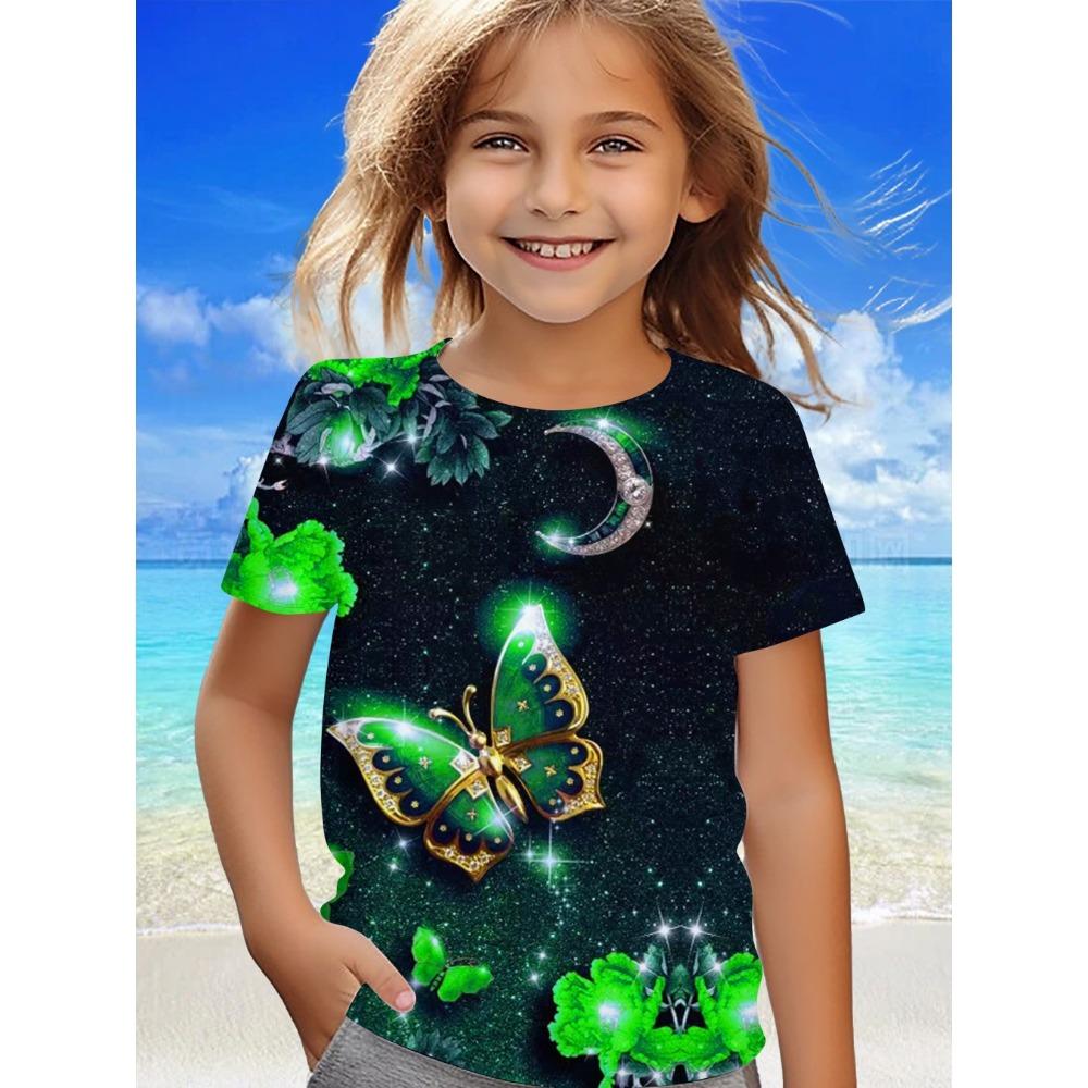 Children's Clothing Girl Clothes Short Sleeve Prety Butterfly Print Kawaii Round Neck Top Summer
