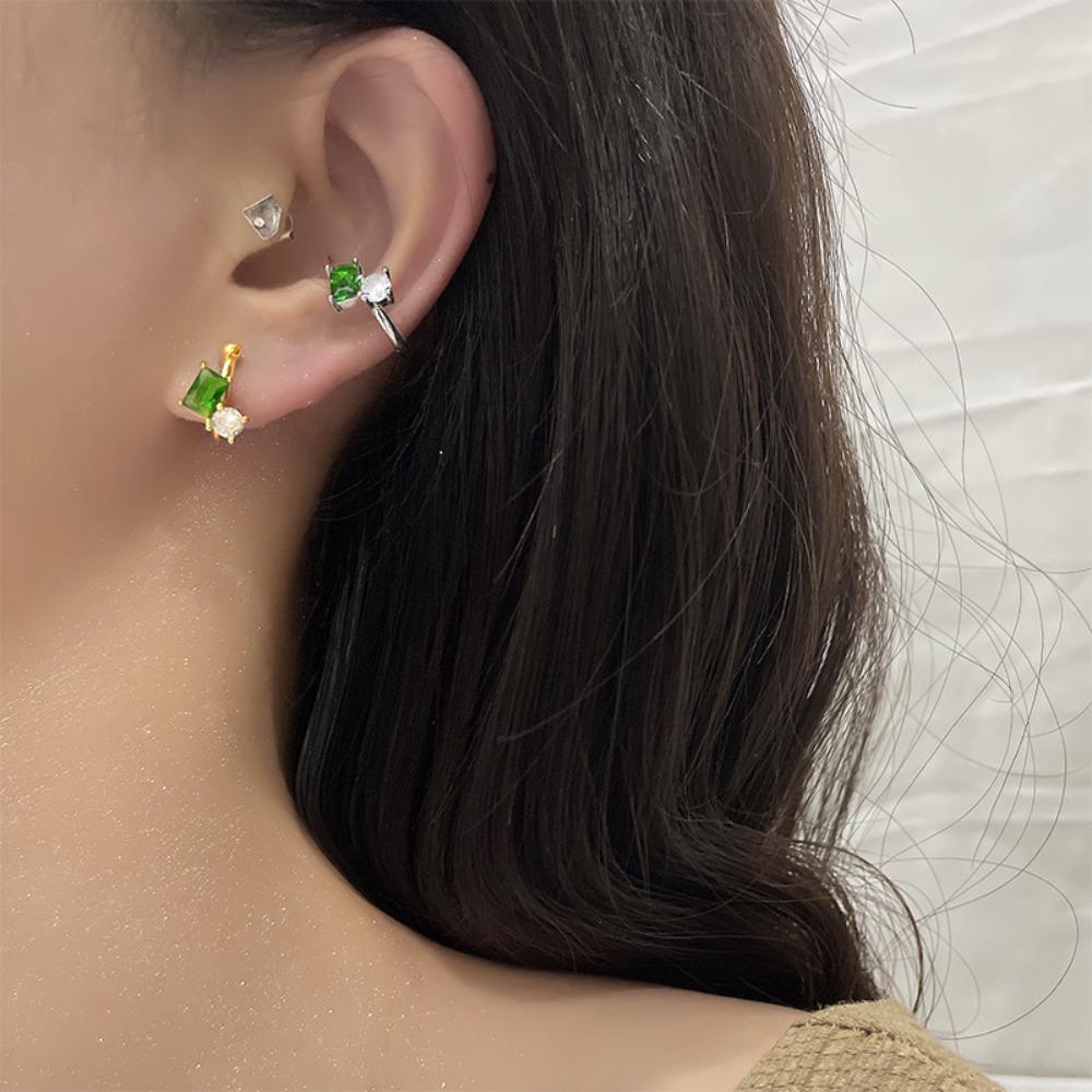 Retro Luxury Fake Piercing Square Emerald Color 3A Zircon Clip Earrings for Women Stainless Steel U-shaped Ear Clips Jewelry