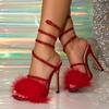 Sandali da Donna Sexy con Serpente Intrecciato intorno al Cristallo Moda Piume Pelose Punta Quadrata Strass Tacco Alto Scarpe da Festa per Ballo