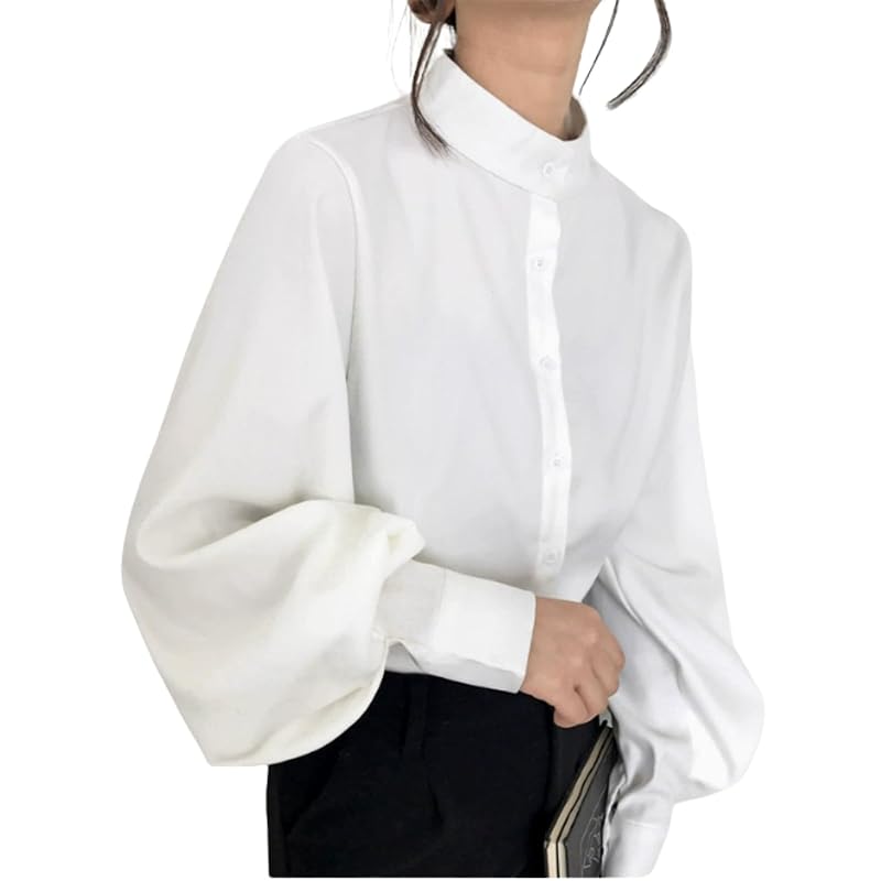 

[Over the moon] blouse ladies long sleeve puff sleeves stand-up collar office casual Thickness lady 30s volume sleeve white M