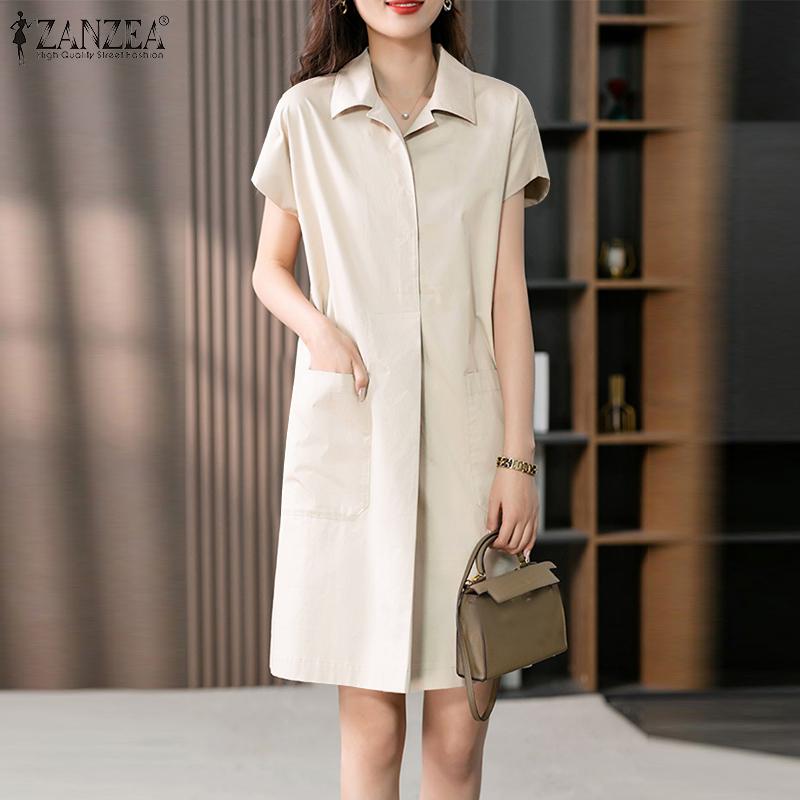 

ZANZEA Летнее повседневное женское платье с короткими рукавами и зубчатыми лацканами