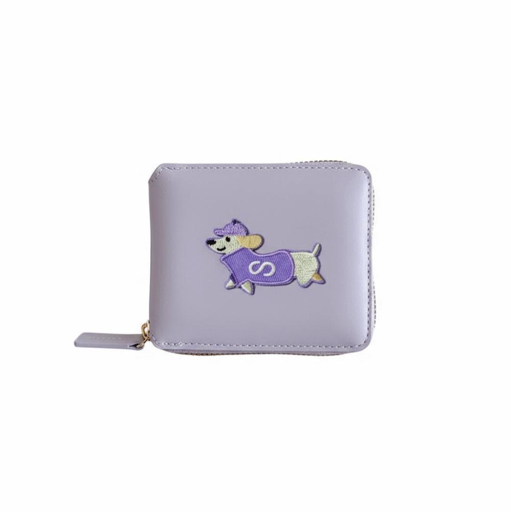 

Cartoon Embroidery Dachshund Dog Wallet PU Leather Short Purse Portable Leather Card Holder Daily фиолетовый