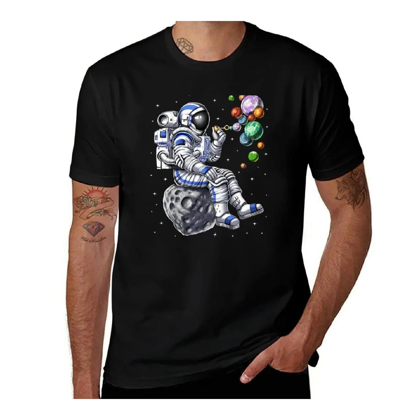 Astronaut Blowing Bubbles Graphic Tee Soft Cotton Space Themed T-Shirt for Men S чёрный