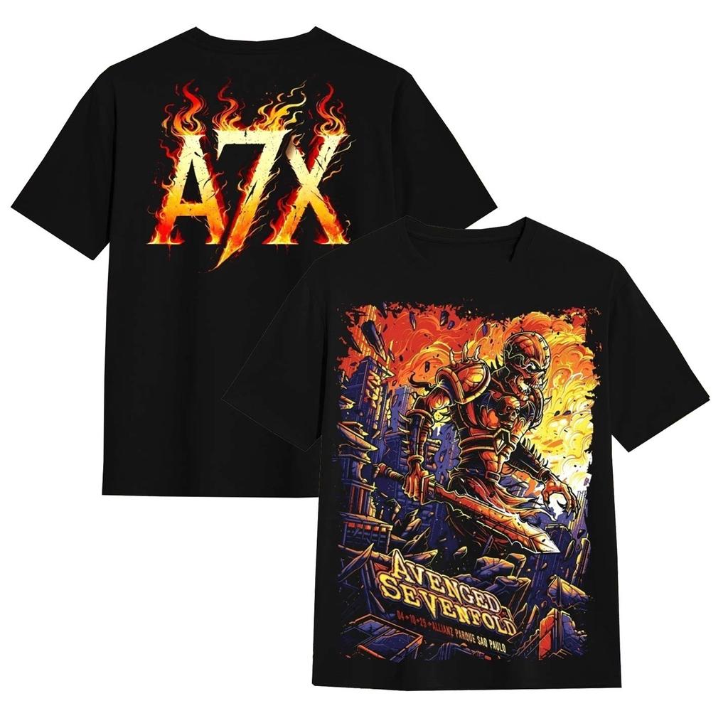 Avenged Sevenfold  Dark Metal Band  Schwarzes Leder T-Shirt  Lockere Passform für Amerikanischen Stil