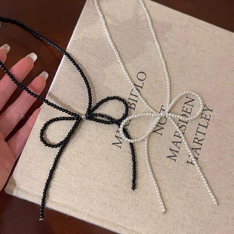 New Sweet Elegant Pearl Bow Necklace for Women Long Tassel Pendant Necklace for Women Black White Pearl Simple Jewelry Gift