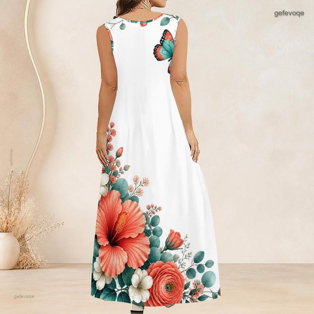 Women Plus Size Scoop Neck Sleeveless Floral Butterfly Printed White A Line Long Dress