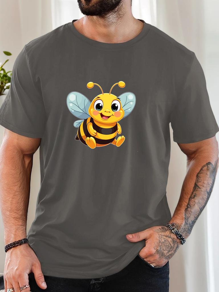 Cute Cartoon Bee Graphic Front Print Unisexs Crew Neck Short Sleeve Loose Casual Basic Summer Daily Soft Comfort Fit Wear Tee Shirt