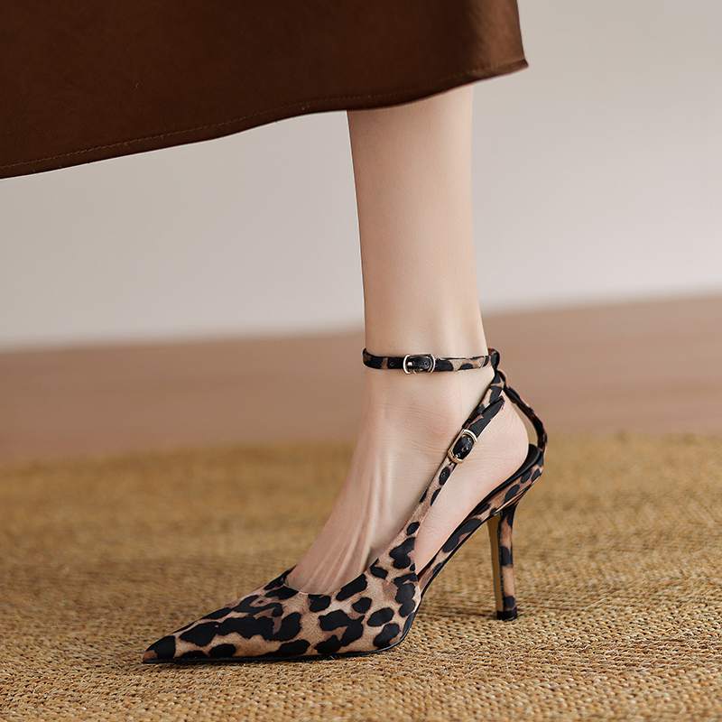Krazing Pot Sheep Suede Summer Size 42 Leopard Decoration Slingback Thin High Heels Women Women Pointed Toe Pumps