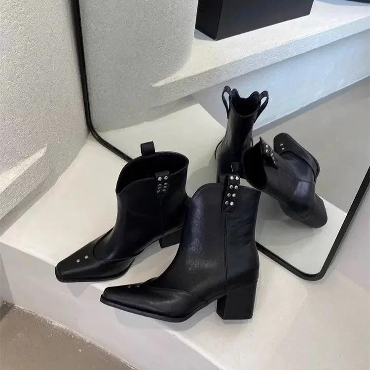 

Женские зимние винтажные сапоги в ковбойском стиле, модные туфли с острым носком и длинными каблуками, элегантные женские туфли со съемными каблуками 35