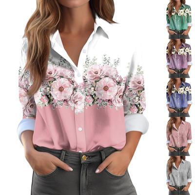 Kadın Gömlek Bluz Baskı Düğmesi Uzun Kollu Günlük Temel Gömlek Yaka Normal Üst