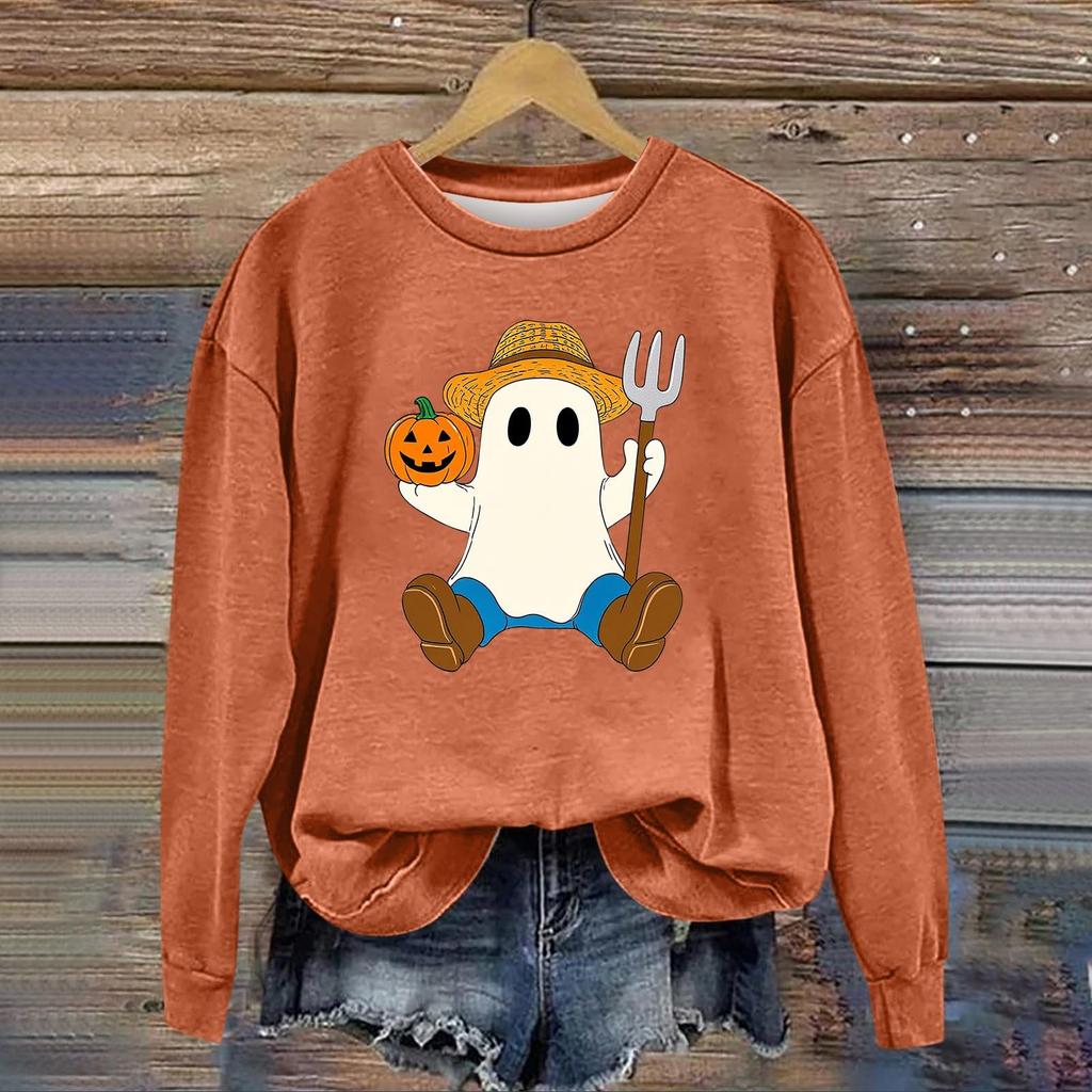 Women's Fashion Long Sleeve Halloween Print Round Neck Sweatshirt Top
