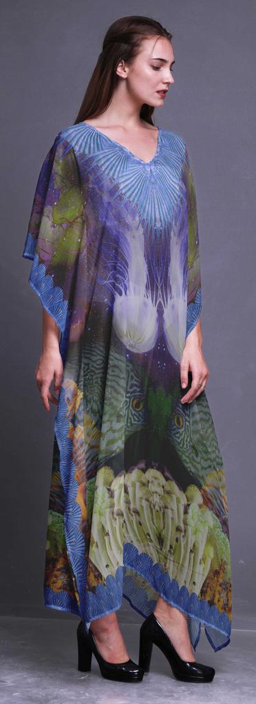 Phagun Clown Fish & Shell Ocean Ladies Kaftan Holiday Loungewear Maxi Dress Beach