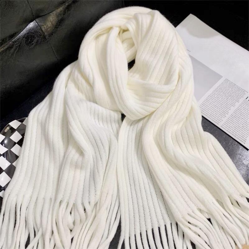 

Зимний женский однотонный белый шарф с кисточками из шерсти премиум-класса двойного назначения ручной вязки One size