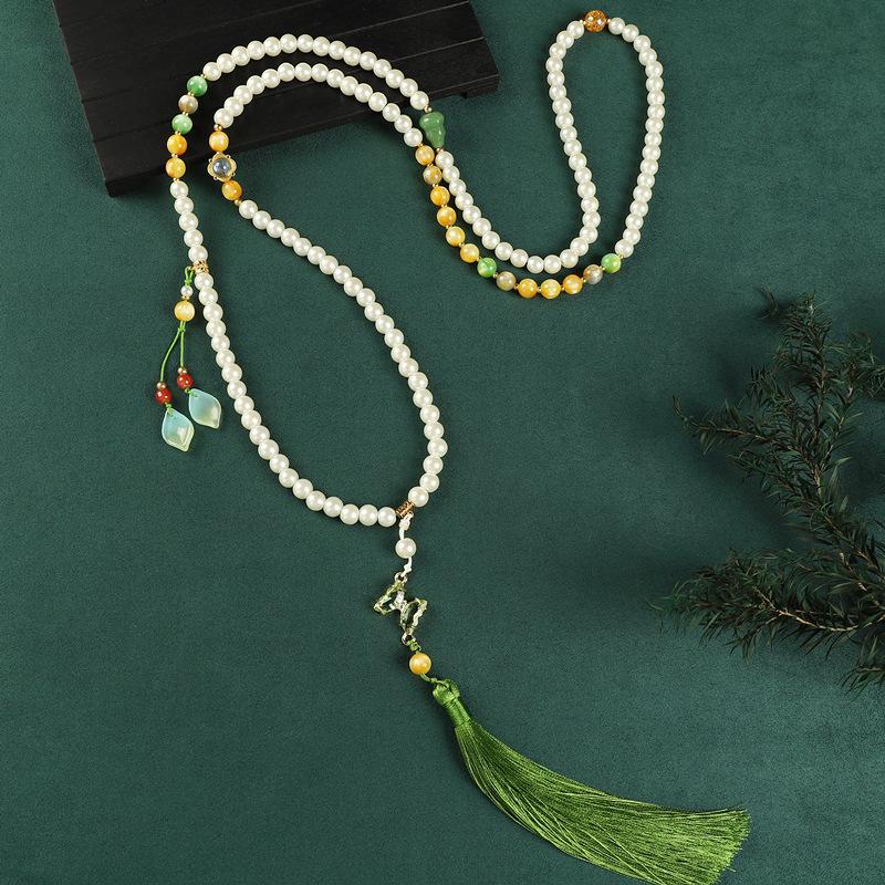 Glazed Beaded Messenger Chain High-end Long Green Sandalwood Fringed Necklace Sweater Chain Accessories Women