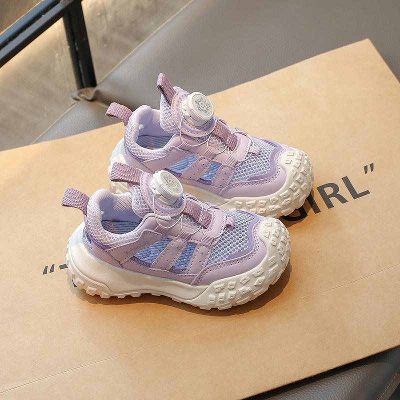 

Kids Sports Sandals Hollowed-out Girls Running Shoes Non-slip Soft Sole 2025 Summer New Boys Sneakers with Rotating Button Trend 26 фиолетовый