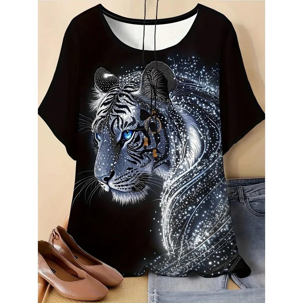Cute Fun Animal 3D Printed Short Sleeved T-shirt Fashionable Comfortable Soft Breathable Large Loose Summer Womens T-shirt