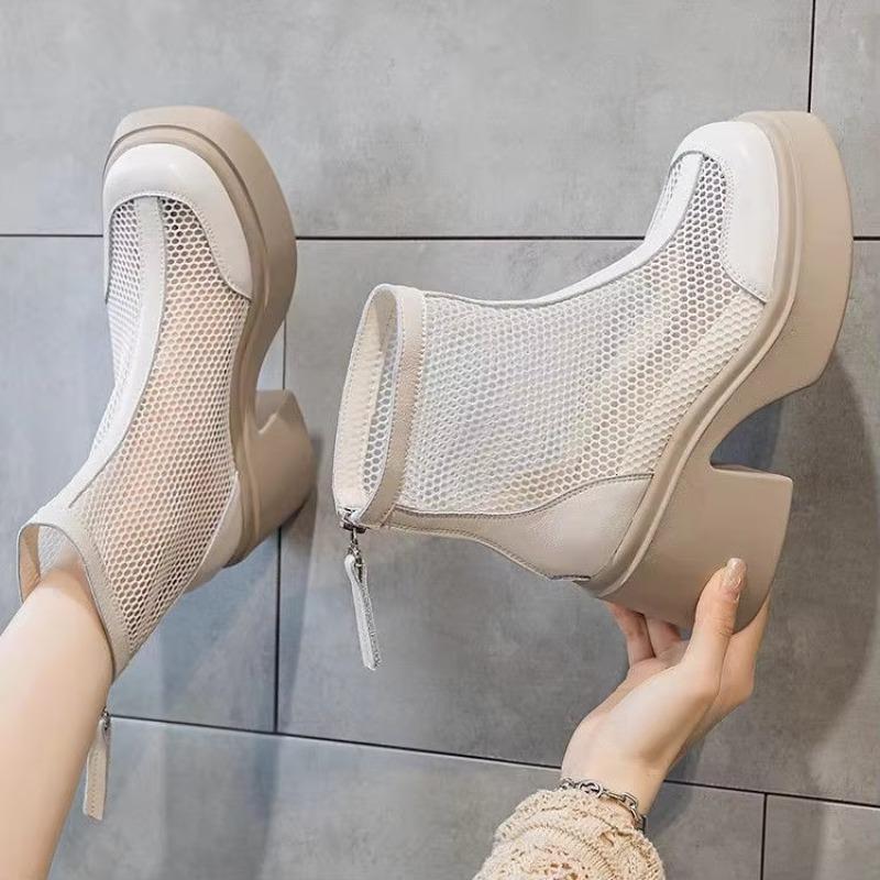 2025 New Women's Fashion Boots Mesh Hollow Breathable Zipper High-heeled Short Boots Summer Thin Section of The Short Cold Boots