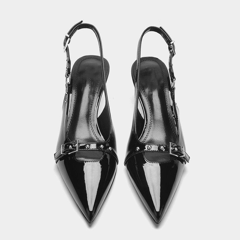 Niche fashion design sense one-word buckle bag head single shoes rear tripple rivets black high heels summer and autumn new models
