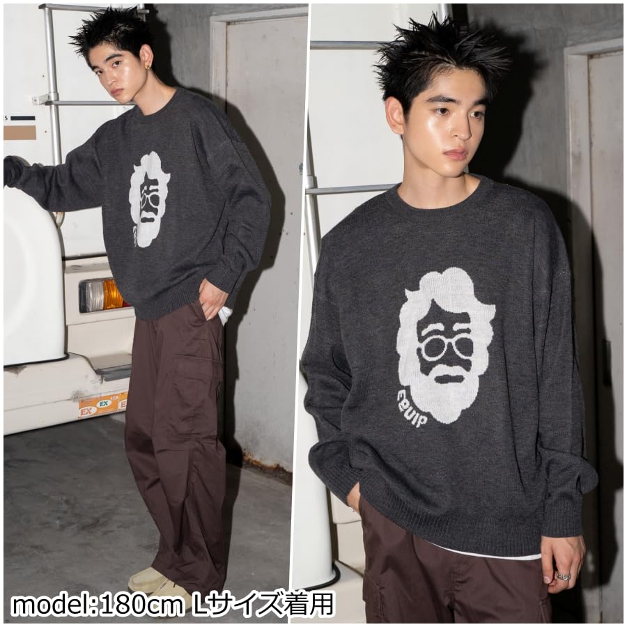 WEGO Unisex Knit Jacquard Graphic Pullover Long Golf Loose Korean Size Pattern 12 Sweater, Oversized, Sleeve, Wear, Fall/Winter Casual, Fit, Style,