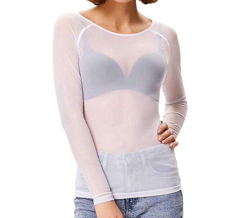 Damen Sexy Schwarzes Mesh Langarmshirt - Super Elastisch, Vollständig Transparente Basisschicht für Frühling & Herbst