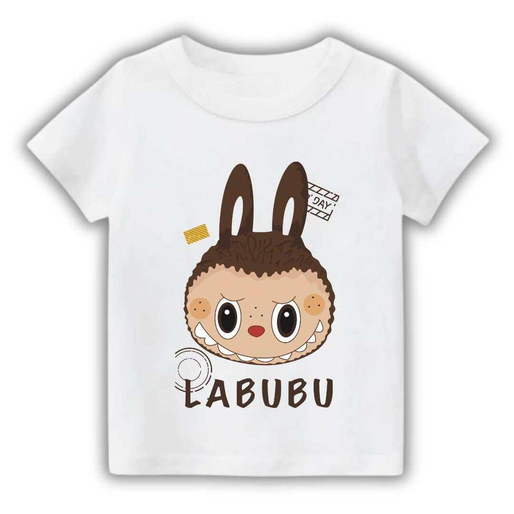 2025 Popular Children's Clothing Short Sleeved LABUBU Ugly and Cute Pattern Round Neck T-shirt Cartoon Style Girl's Top