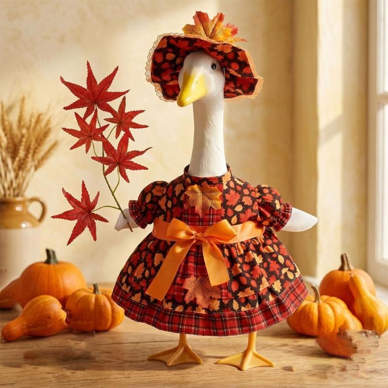 Maple Leaf Porch Bird Dress Set for Front Door Display, 21Inch Bird Statue Outfit with Matching Hat for Porch Animal Statue Decoration