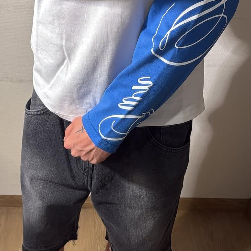 

Европейский и американский мужской свободный повседневный топ с круглым вырезом, длинными рукавами и принтом букв, в стиле колор-блок XL