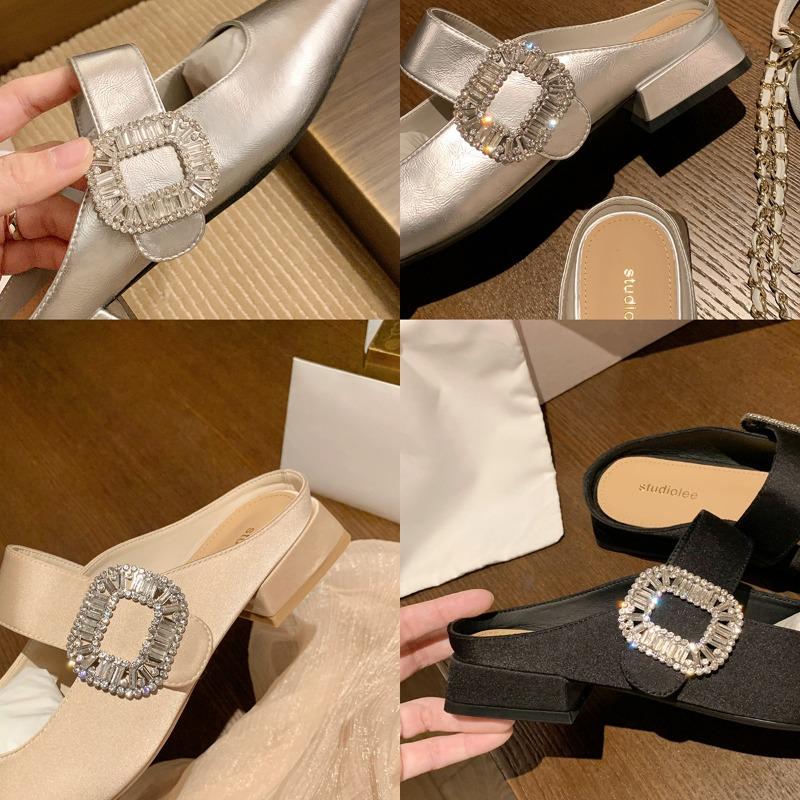 Sheepskin bag head slippers women's sparkling diamond buckle square head one word low heel temperament half drag empty single shoes