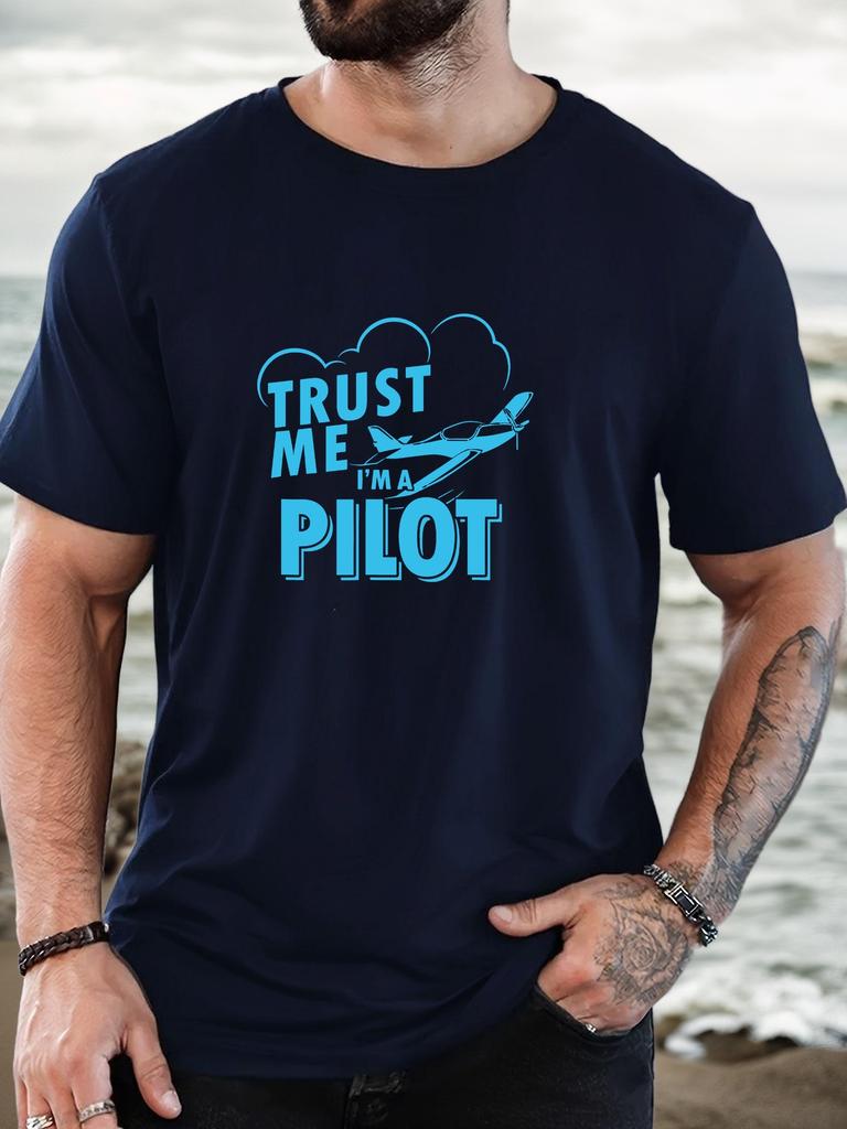 T-Shirt Print 100% Cotton Pilot Slogan Pattern Summer Round Neck Breathable Men's Short Sleeves Loose Cotton Tee Daily Top
