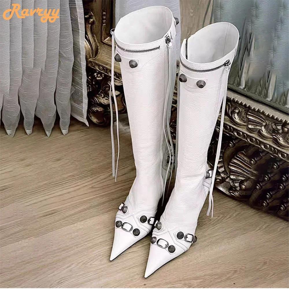 Fashion Women New Rivet Fringe Boots Metal Zipper Motorcycle Boots Belt Buckle Pointed Toe Knee High Shoes Aged-silver Studs Boots