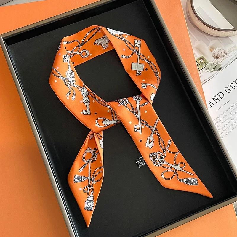 Women Narrow Thin Scarf Horse Print Long Ribbon Scarf Handle Bag Multi-Function Decorative Neckerchief Hair Tie Band