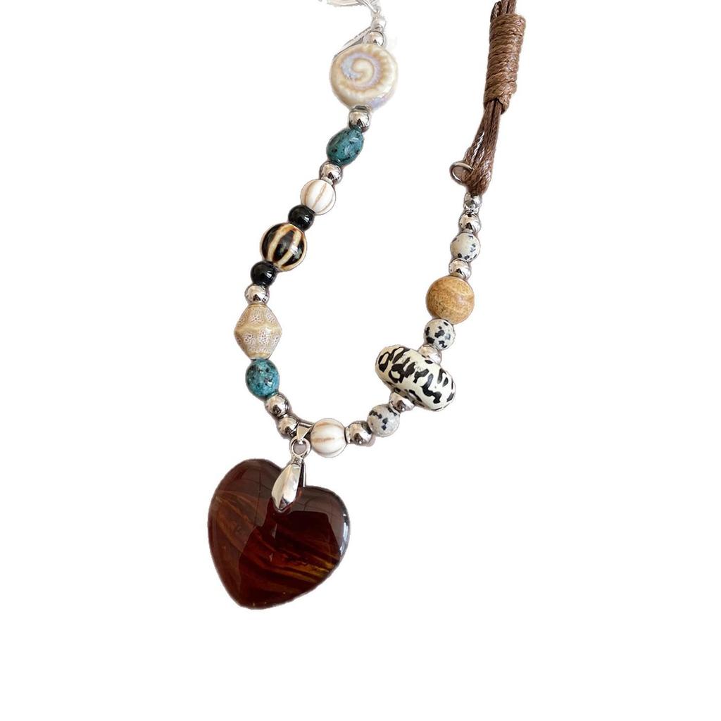 Retro Ceramic Glazed Stone Heart Pendant Necklace - Elegant Fashion for Women