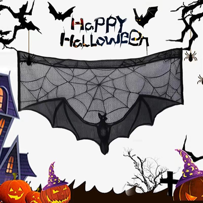 1 Stück Halloween Spitzengardine Schwarz Fledermaus Spinne Tischdecke Kamin Kaminsims Schal Abdeckung Halloween Zuhause Zimmer Spinnweben Horror Dekoration