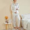 Yousheng 2 Pcs/Set Pajamas Suit Satin Single-breasted Cardigan Shirt V Neck Notch Collar Solid Color Shirt Wide Leg Loose Trousers Nighty Suit