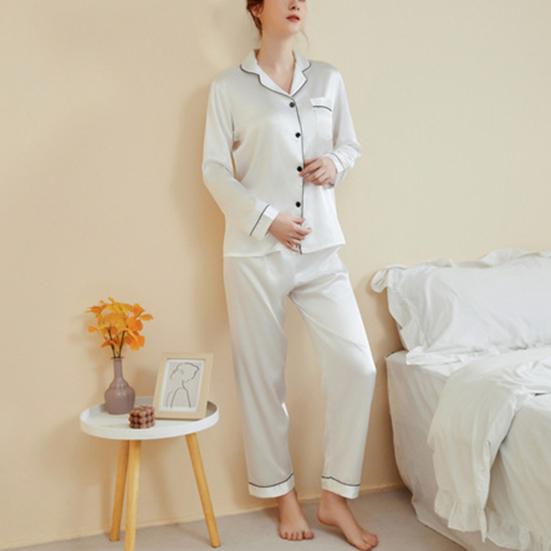 Yousheng 2 Pcs/Set Pajamas Suit Satin Single-breasted Cardigan Shirt V Neck Notch Collar Solid Color Shirt Wide Leg Loose Trousers Nighty Suit