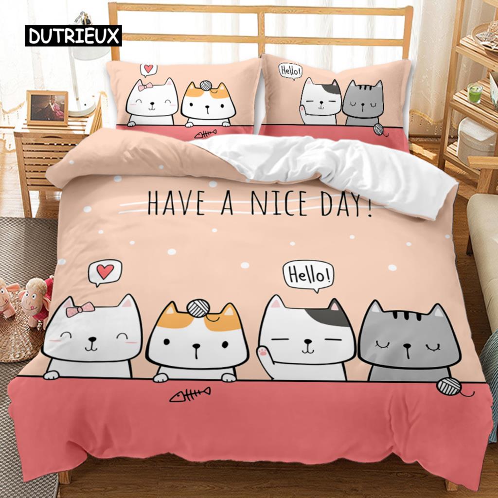 Zestaw poszewek na kołdrę z kotem Uroczy kreskówkowy zestaw pościeli dla chłopców i dziewcząt Wzór zwierzęcy Kot Królowa King Rozmiar Poliester Poszewka na kołdrę