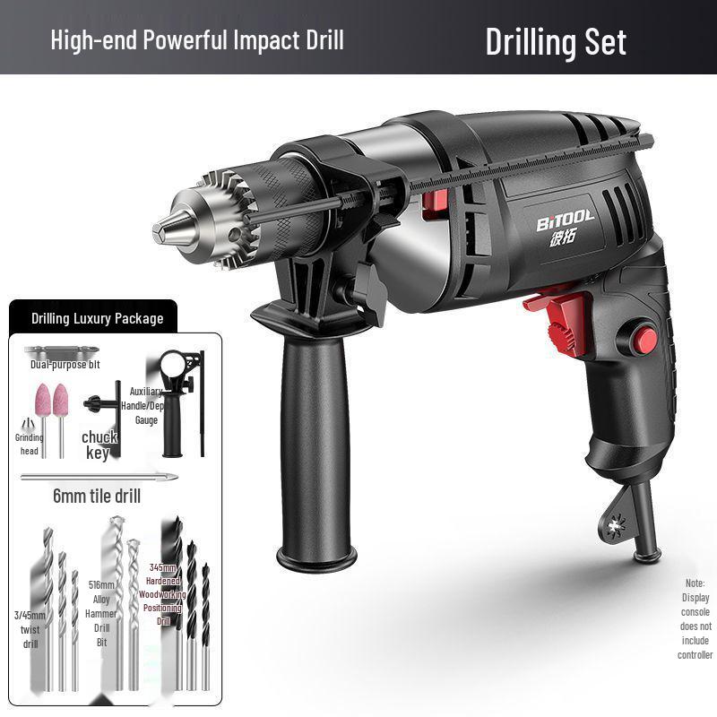 220V Multifunction Handheld Electric Drill & Screwdriver with Pistol Grip, Hammer & Power Tool Functions.