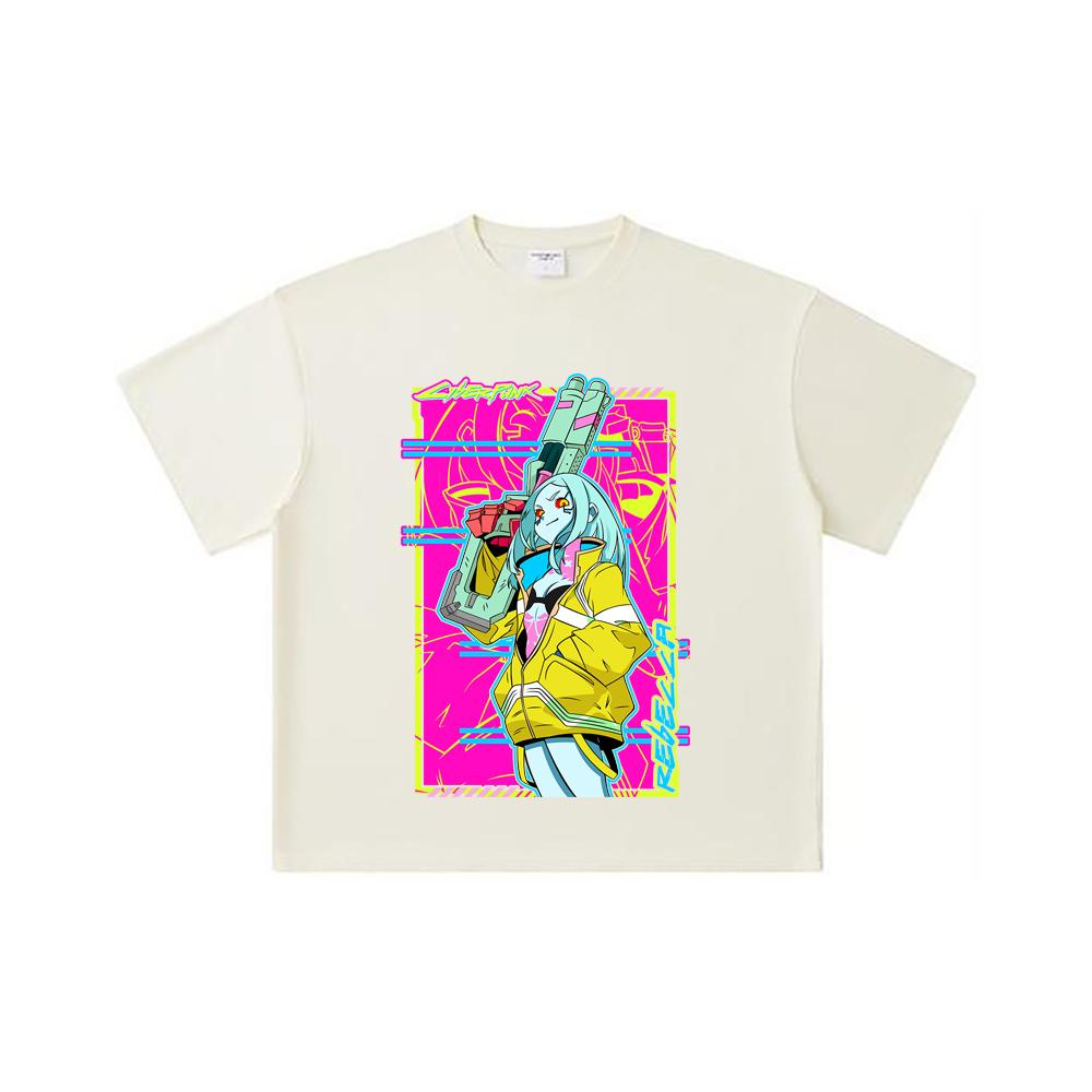 260 GSM Doppelgarn 32er Zählung 100% Baumwolle Cyberpunk Edgerunners V6 Rebecca Druck Unisex Schweres Baumwoll-T-Shirt
