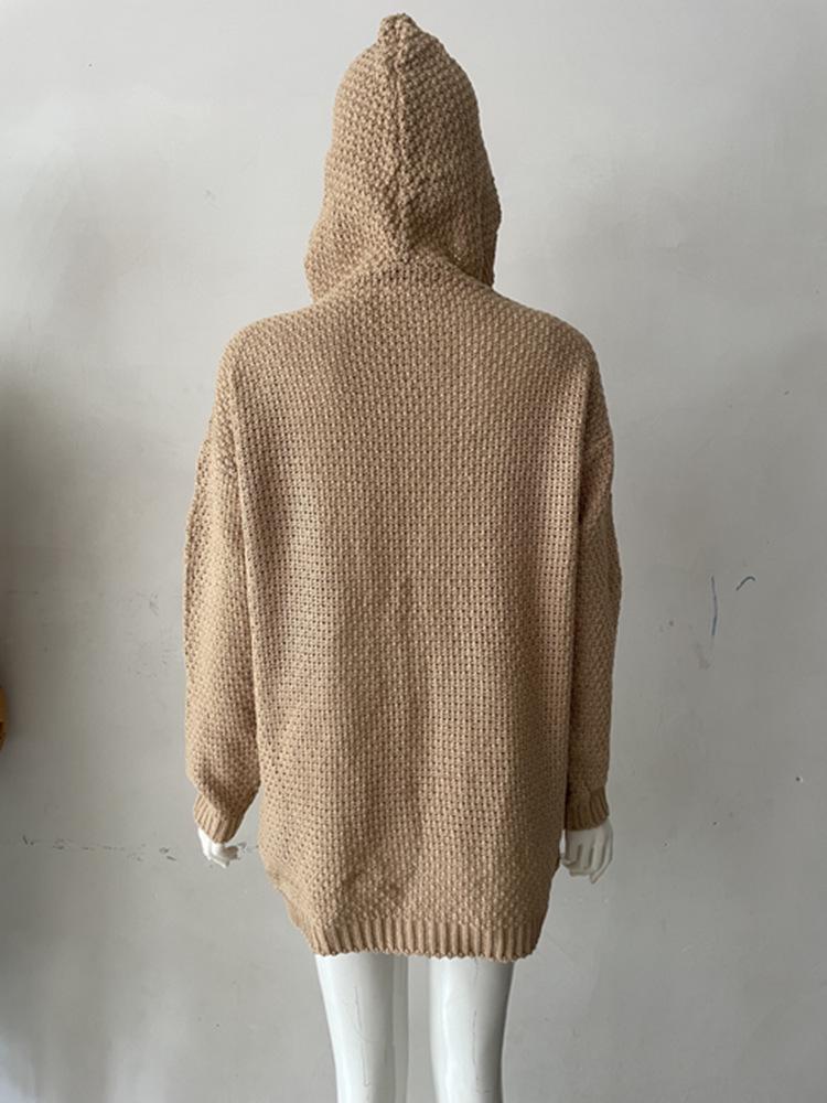 Damen Casual Kapuzen-Cardigan-Pullover - Mittellang, Grobstrick, Winter 2025