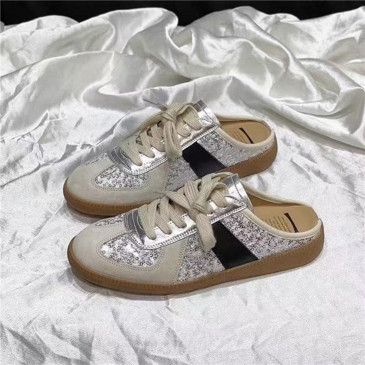 Fashion sequined slippers women's 2025 summer new large size heelless casual shoes platform bag head German training half slippers