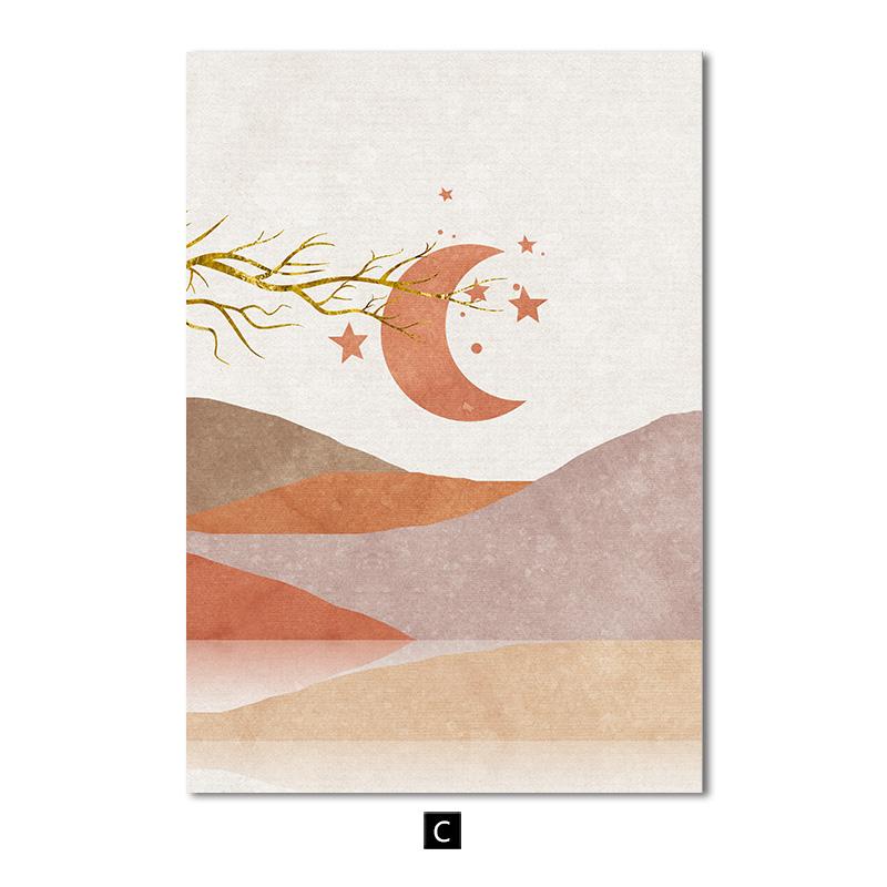 Nordic Landscape Poster Wall Art Canvas Print Picture Mountain Deer Moon Sunrise Modern Abstract Painting for Living Room Decor