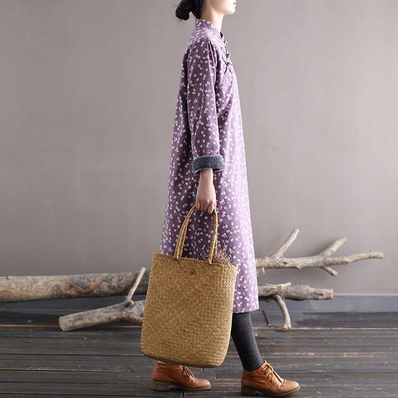 Johnature Women Loose Padded Dress Vintage Print Floral Stand Long Sleeve Dresses Winter Chinese Style Casual Clothing