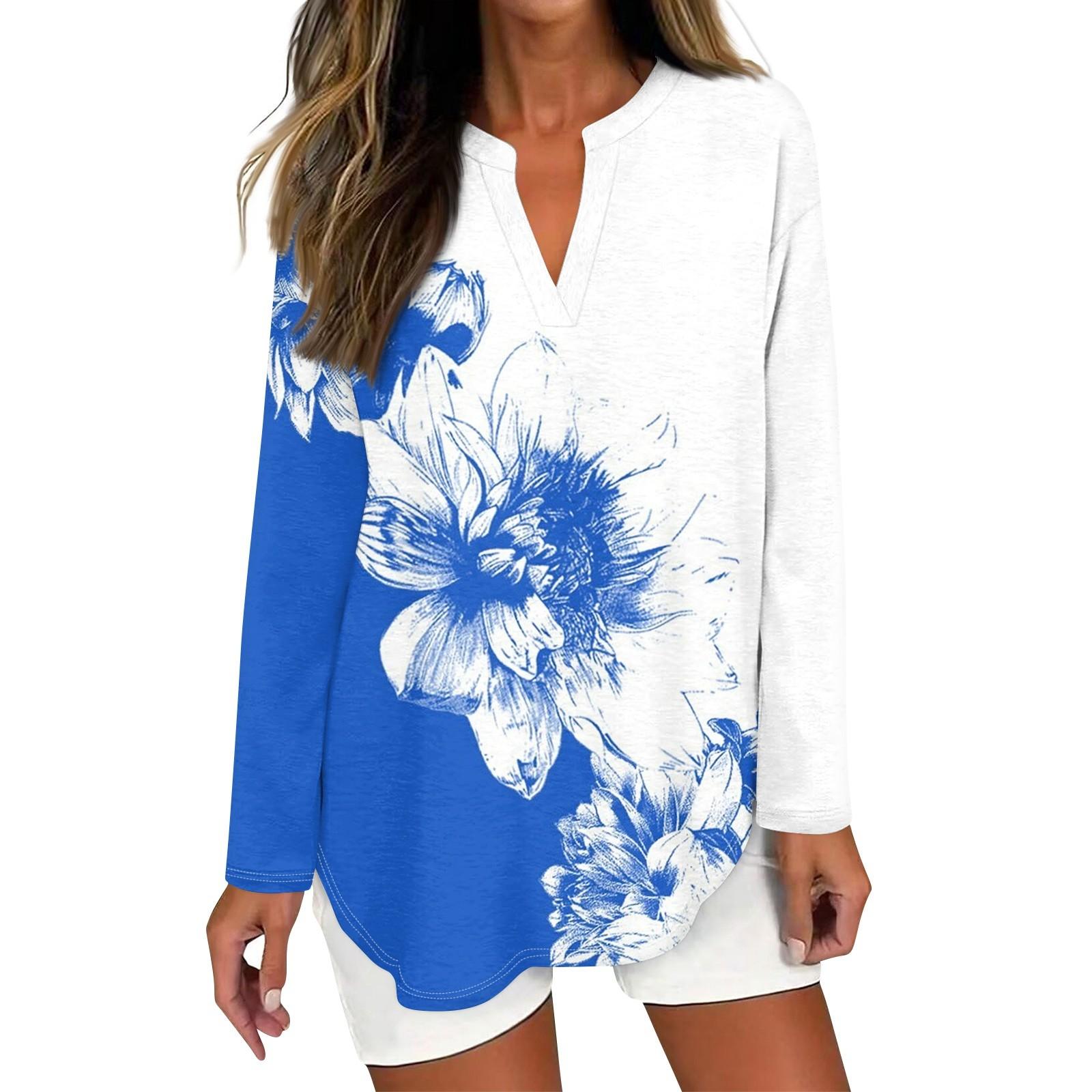 

Женская футболка с принтом, длинный рукав, повседневная, выходного дня, модная, базовая, с V-образным вырезом, изогнутым подолом, стандартный топ XXXL синий