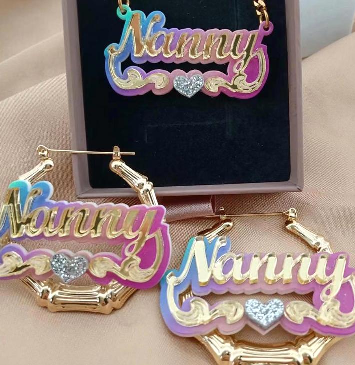 Qiuhan Stainless Steel Rainbow Bamboo Acrylic Name Personalized Jewelry Set Gift for Women Kids Girls necklace золотой